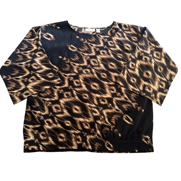 Chico's Tops - Chico's Women's Brown Abstract Print Black SS Blouse Top, Size 1 (US M)